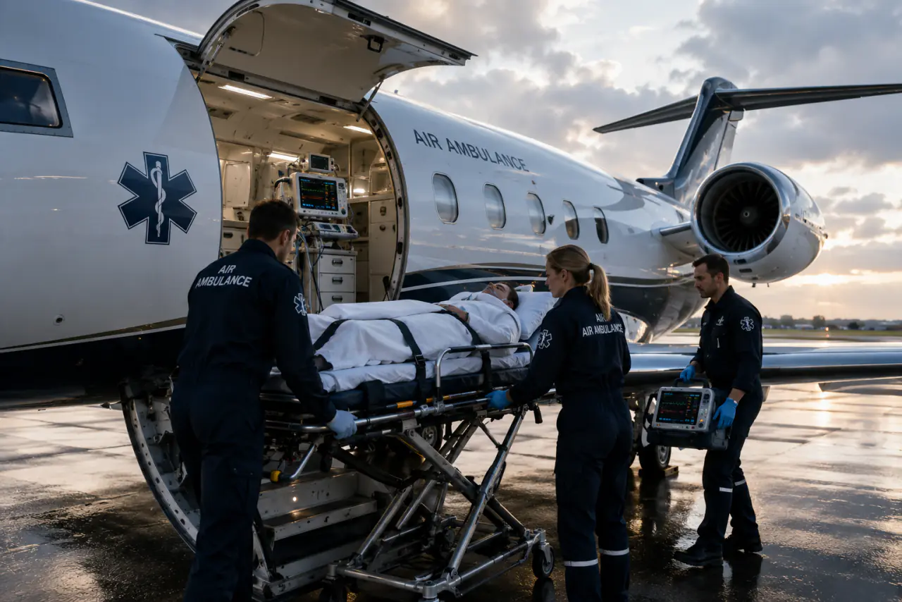 Medical aviation team beside a private aircraft on the apron