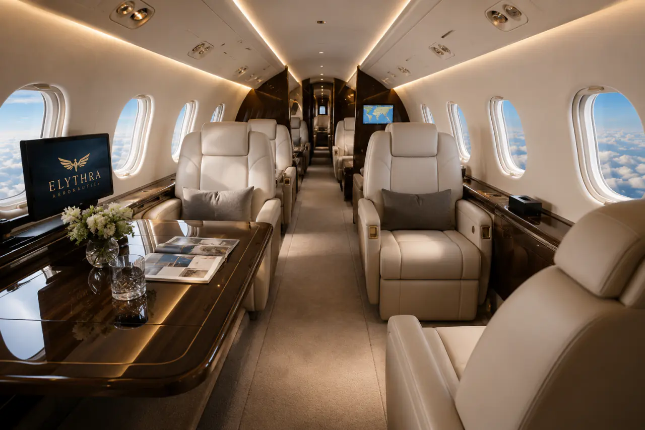 Luxury private jet cabin interior with leather seating